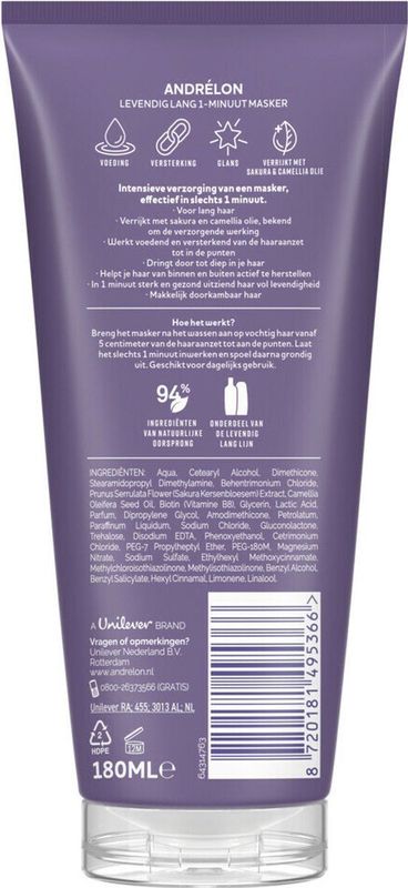 Andrélon - 1-Minuut Haarmasker - Levendig Lang - 180 ml