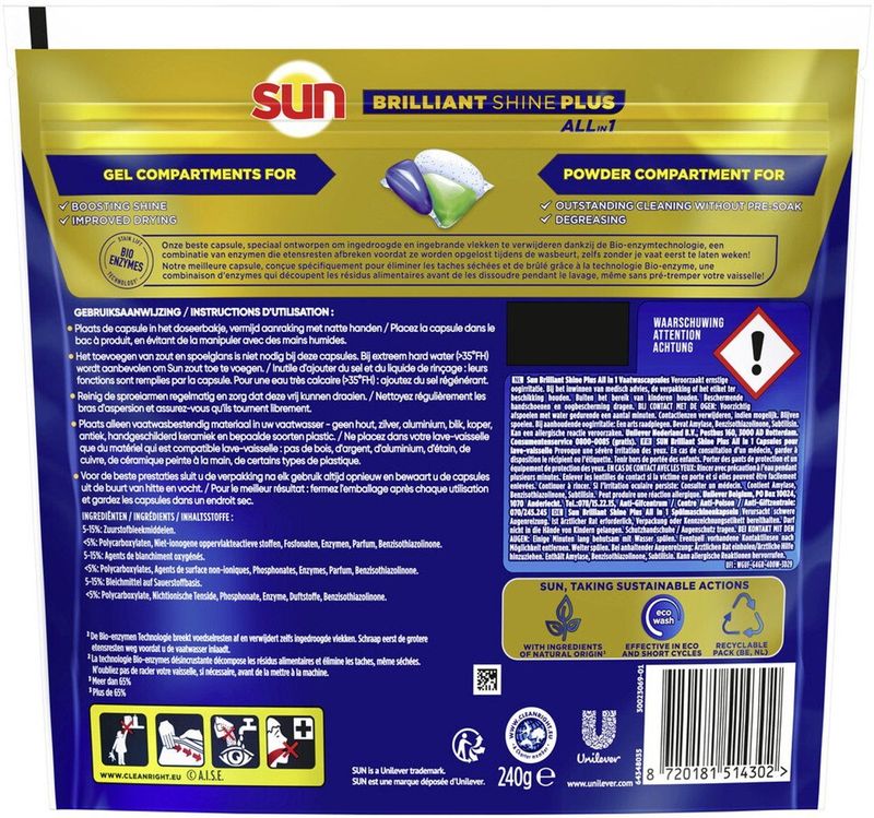 Sun - Brilliant Shine Plus - All-in 1 Vaatwascapsules - 16 Stuks