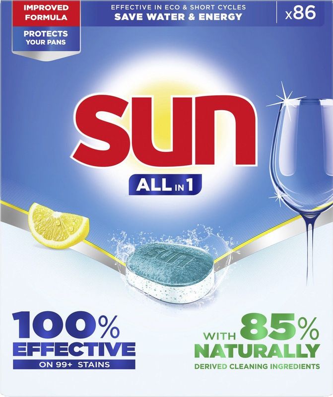 Sun - Vaatwastabletten - All-in 1 - Citroen - reinigt en beschermt pannen in de vaatwasser - 86 Vaatwastabletten