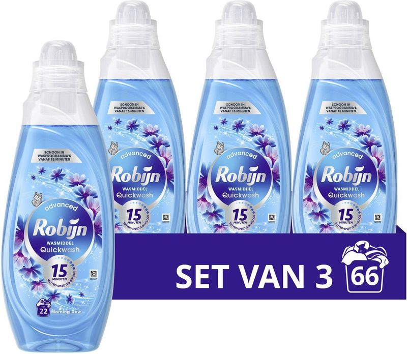 Robijn - Advanced Quickwash - Vloeibaar Wasmiddel - Morning Dew - 3 x 22 Wasbeurten - Voordeelverpakking