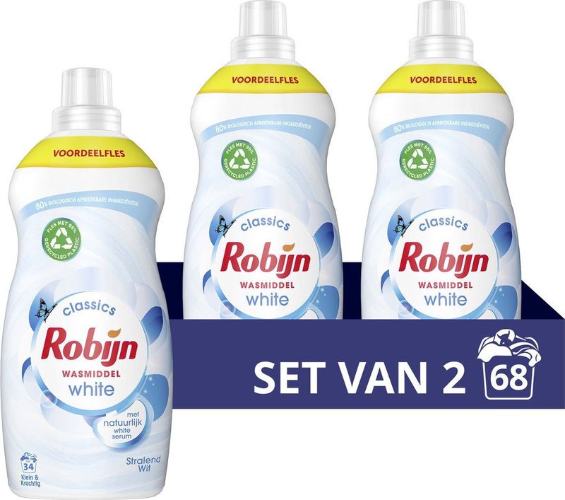 Robijn Klein & Krachtig Classics Stralend Wit Vloeibaar Wasmiddel - 2 x 34 wasbeurten - Voordeelverpakking