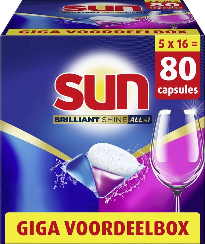 Sun Brilliant Shine All-in 1 Vaatwastabletten – 5 x 16 capsules - Voordeelverpakking