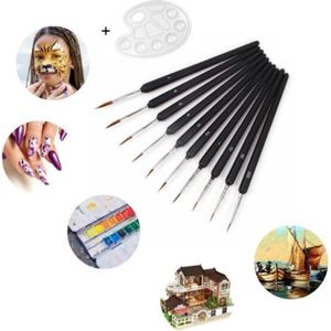 Professionele Dunne Penselenset + Verfpalet | Set van 10 Kwasten - Fine Detail - Miniatuur - Penselen Schilderen - Dunne Kwast - Hobby - Gedetailleerd Schilderen, Nail Art, Schminken, Aquarel, Waterverf, Acryl, Olieverf - Modelbouw