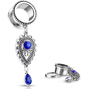 6 mm Screw-fit tunnel Saphire blauwe steen teardrop ketting ©LMPiercings