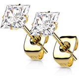 Oorbellen - Titanium - Prong Vierkant - Wit - Gold Plated - Setje