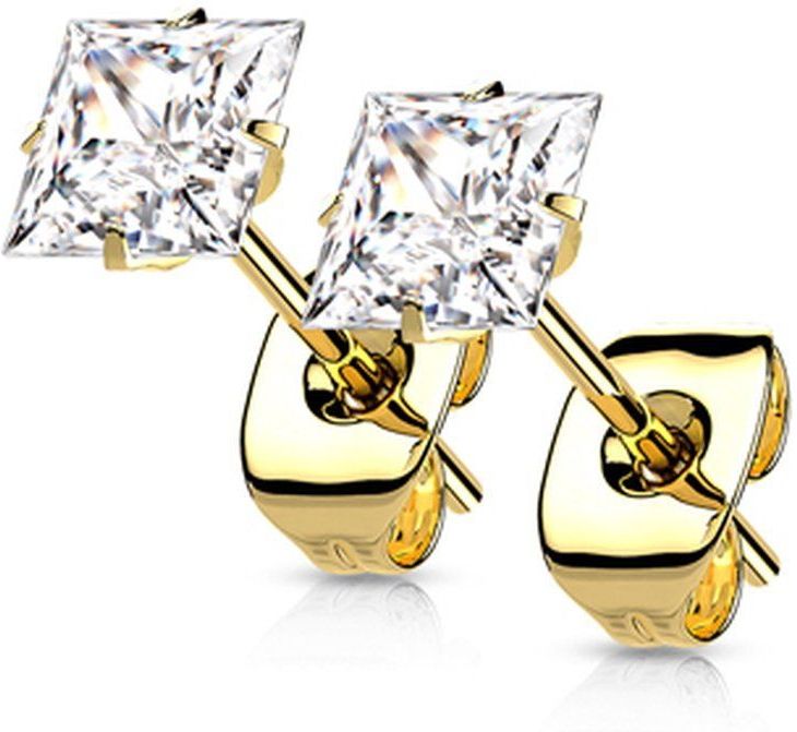 Oorbellen - Titanium - Prong Vierkant - Wit - Gold Plated - Setje