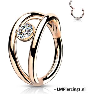 Piercing High Quality Double Hoop met CZ steen rose gold plated 10mm