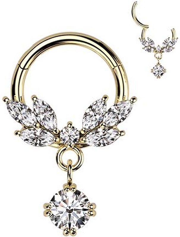Piercing clicker met CZ vine hanger 8mm gold plated