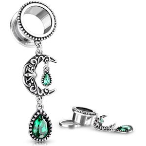6 mm Screw-fit tunnel Filigree Moon met Emerald groene steen ©LMPiercings