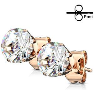 Oorbellen rose gold plated met witte steen 6 mm