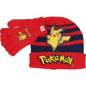 Pokemon Pikachu muts met handschoenen - voor kinderen - rood/geel