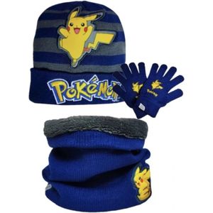 Pokémon Pikachu Kinder Winter Set: Sjaal, Muts en Handschoenen - Blauw - beige