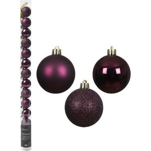 Decoris Mini kerstballen - 14x st - donkerpaars - D3 cm - kunststof - kerstversiering