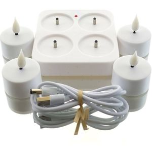 Lumineo Oplaadbare LED theelichtjes/waxinelichtjes - 4x st - wit - H4,5 cm - met oplaadstation