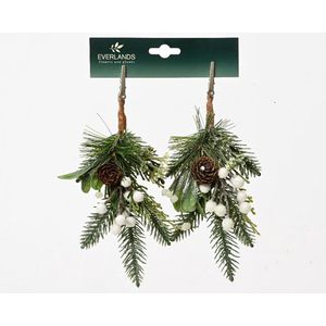 Decoris Kersttakje groen met witte decoratie met glitter finish - op clip 2 stuks- H22cm B8cm groen Kunststof Decoris Kerststukje