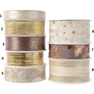 Decoris kerstlint in diverse maten 8 assorti goud/wol wit/brons verschillende Polyester Decoris Cadeauverpakking