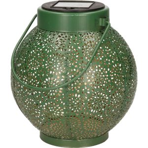 Solar lantaarn ijzer groen met cirkel patroon en hengsel 16 cm - Tuinlantaarns - Solarverlichting - Tuinverlichting