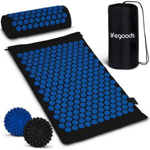 LifeGoods Acupressuur Mat met Kussen - Shakti mat - Spijkermat Incl. 2x Triggerpoint Bal - 66x40x2cm - Zwart/Blauw