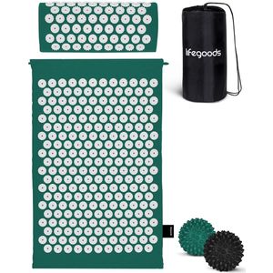 LifeGoods Acupressuur Mat met Kussen - Shakti mat - Spijkermat Incl. 2x Triggerpoint Bal - 66x40x2cm - Groen/Wit