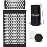 LifeGoods Acupressuur Mat met Kussen, 2x Triggerpoint Massage Ballen en Draagtas | Spijkermat voor Ontspanning en Pijnverlichting | Acupunctuur Massage Set | Lotus Shakti Mat | Zwart & Wit