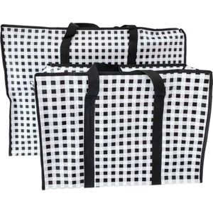 Big Shopper met rits - 60 x 45 cm - Ruit - Zwart -Set van 2