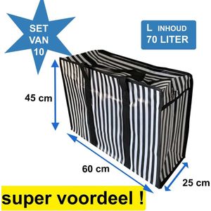 Big Shoppers met rits (10 stuks) - 60 x 45 cm - Strepen - Zwart -Set van 10