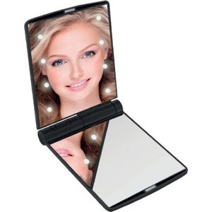 LED Make-up spiegel/handspiegel/zakspiegel - zwart - 11,5 x 8,5 cm - dubbelzijdig - Make-up spiegeltjes