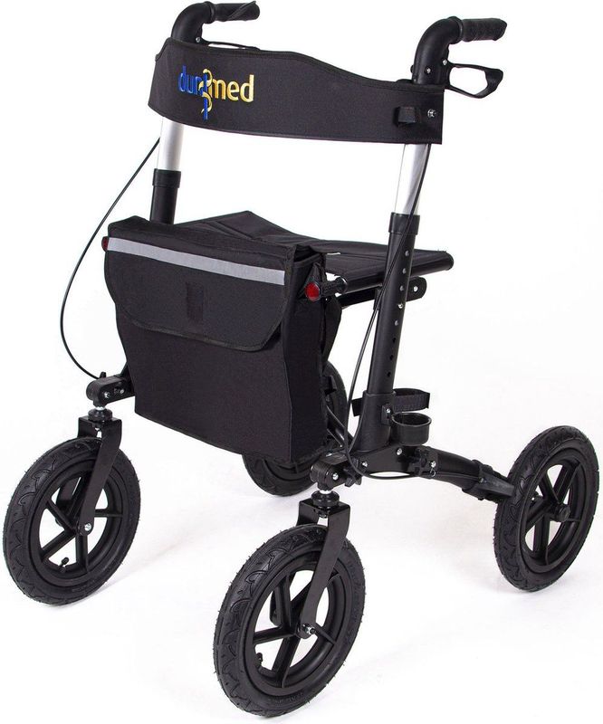 Dunimed - Premium Lichtgewicht Rollator - Zwart - Met Grote Luchtbanden en Inclusief Stokhouder en Tas