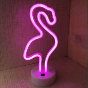 LED Neon Tafellamp "Flamingo", Op Batterijen en USB, 13x10x29cm, Roze