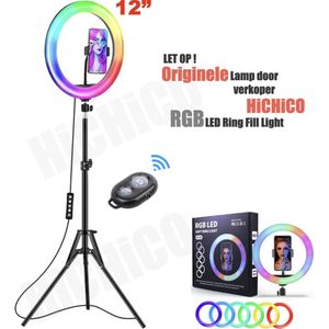 Selfie LED Ring Lamp met Kleuren 33Cm / RGB LED + Statief Tripod Camera 210 CM hoog Inclusief Bluetooth afstandsbediening en Telefoonhouder Smartphone – HiCHiCO