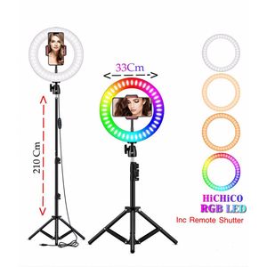 Selfie LED Ring Lamp met Kleuren 26Cm / RGB LED + Statief Tripod Camera 210 CM hoog Inclusief Bluetooth afstandsbediening en Telefoonhouder Smartphone – HiCHiCO