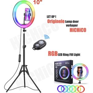 Selfie LED Ring Lamp 26Cm met Kleuren / RGB LED + Tripod - Statief Camera 210 CM hoog Inclusief Bluetooth afstandsbediening en Telefoonhouder Selfie - lamp -Ringlamp - Statief - Tik tok - flitser – Make up light – Studiolamp – Ring Light van HiCHiCO