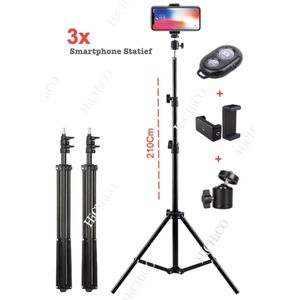 3x Camerastatief 210Cm Voor Fotocamera en Smartphone - iPhone - Canon - Nikon - Spiegelreflexcamera Inc. Bluetooth Remote Shutter, Telefoonhouder, 360 ° Draaigreep horizontaal - Smartphone Statief - Tripod HiCHiCO