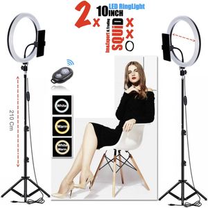 2x Selfie LED Ring Lamp 26Cm met Statief 210 CM hoog Inclusief Bluetooth afstandsbediening en Telefoonhouder - Smartphone Tripod - LED Ringlamp - Ring Light - flitser - Make-up light - Studiolamp – Fairco