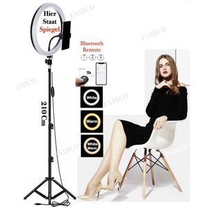 FAIRCO® 10"" Ringlamp met Statief 210Cm Inclusief Bluetooth afstandsbediening en SPIEGEL - LED Ring Light 26Cm - LED Ringlamp - Flitser - Make-up light - Studiolamp - Youtube - TikTok