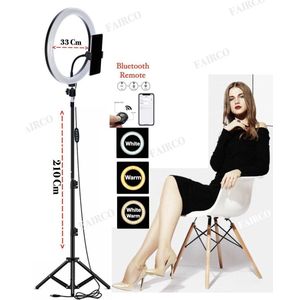 LED Ring Light 33Cm met Statief 210 CM hoog Inclusief Bluetooth afstandsbediening en Telefoonhouder - Smartphone Tripod - LED Ringlamp - Ring Light - flitser - Make-up light - Studiolamp – Fairco