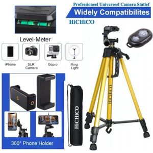 Professioneel Universeel Camera Statief Met waterpas, Handgreep en Hendel Incl. Bluetooth Remote Shutter, Telefoonhouder en Opbergtas – Statieven - Goud 147cm HiCHiCO® 3366