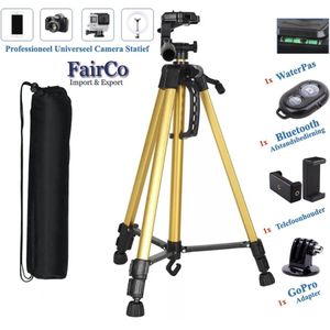 Professionele Universeel Camerastatief Goud Model 3366 Voor Fotocamera en Smartphone Incl. Waterpas, Handgreep, Handel, Opbergtas, Bluetooth afstandsbediening en GoPro Adapter - Tripod - Smartphone Statief - Fairco