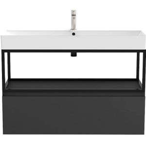 Badkamermeubel / Badmeubel / Wastafelkast Bonero - Mat Zwart - 100x45,5x69cm - Incl. Witte Keramische Wastafel - Voorgemonteerd - Greeploos - 1 Lade - Stalen Frame - MDF