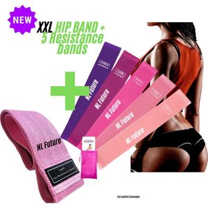 NL Future – Roze Vernieuwde Weerstandsbanden Set - Combi set - Hoge Kwaliteit – 5 Resistance bands 1 Hip Band – Booty Bands met Gratis Draagtas en Oefeningen  - Fitness - Yoga - Healthy - Fitness Banden - Thuis sport – Man Vrouw Jongen Meisje Trans