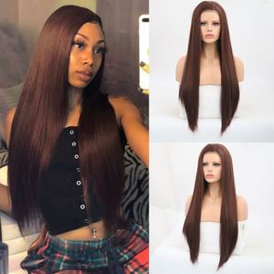 Charisma Donkerbruin Pruik Lange Rechte Synthetische Lace Front Pruik Voor Vrouwen Hittebestendige Haar Pruik Natuurlijke Haarlijn Cosplay Pruiken