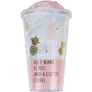 Abui-Creatieve Koffie Mokken Bpa Gratis Plastic Waterfles Roze Ananas Patroon Stro Reizen Draagbare Thee Melk Cup