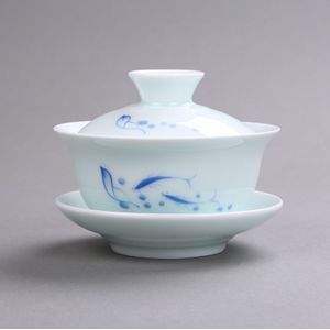 Op verkoop handgeschilderd vis print porselein gaiwan Chinese terrine keramische bedekt kom met deksel cup schotel nieuw aangeboden