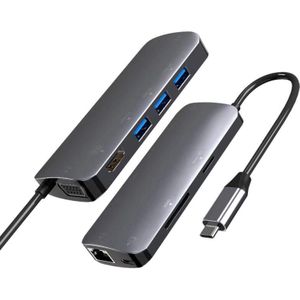 -USB C Hub, 9-In-1 Type C Adapter Met 4K Hdmi, 60Hz Vga, 1Gbps RJ45 Ethernet, 3 Usb 3.0 Poort, Sd/Tf Kaartlezer, 60W Pd Chargin