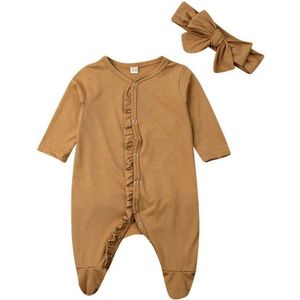 Pasgeboren Baby Baby Meisje Jongen Kleding Met Lange Mouwen Ruffle Effen Katoenen Romper Jumpsuit + Hoofdband 2 STUKS Outfit 0 -24M