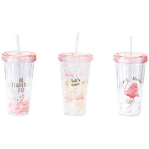 500 Ml Flamingo Plastic Travel Koffie Mok Strokop Buisje Met Deksel Leuke Cartoon Drinken Dubbele Muur Voor Melk sap Water