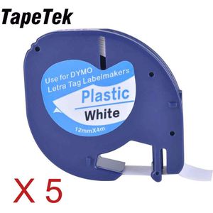 5 Compatibel Zwart Op Wit (12Mm X 4M) plastic Label Tapes Voor Dymo Letratag Qx 50, Xr, Xm, 2000, Plus Label Makers