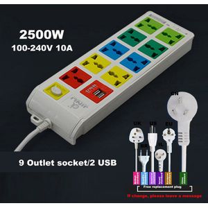 AU EU US 100 ~ 240 v 10A Surge Beschermd 9 Outlet & 2 USB elektrische schakelaar en stopcontact