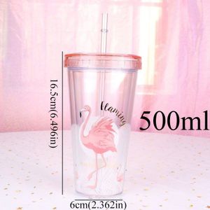 500 ml Flamingo Plastic travel Koffie mok strokop buisje met deksel Leuke Cartoon Drinken Dubbele Muur voor Melk sap Water