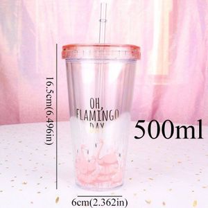 500 ml Flamingo Plastic travel Koffie mok strokop buisje met deksel Leuke Cartoon Drinken Dubbele Muur voor Melk sap Water
